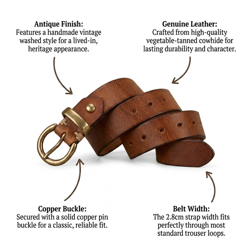 Eldridge – Antique Finish Leather Belt infographic